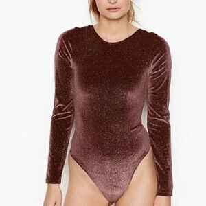 Nwot Victoria's Secret Sport Velvet Bodysuit Glitter Purple Long Sleeve Size S